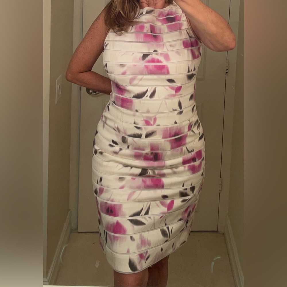 Ann Taylor Sleeveless Floral Striped Silk Dress Size 8 Purple Cream